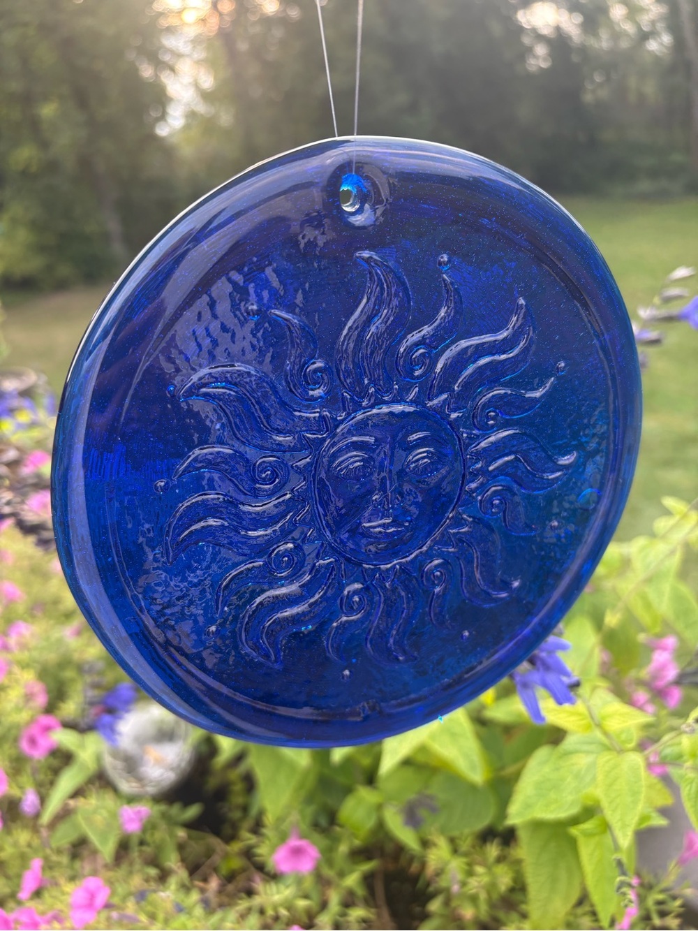 Cobalt Blue Glass Sun Face Hanging Garden Art Suncatcher Ornament Medallion